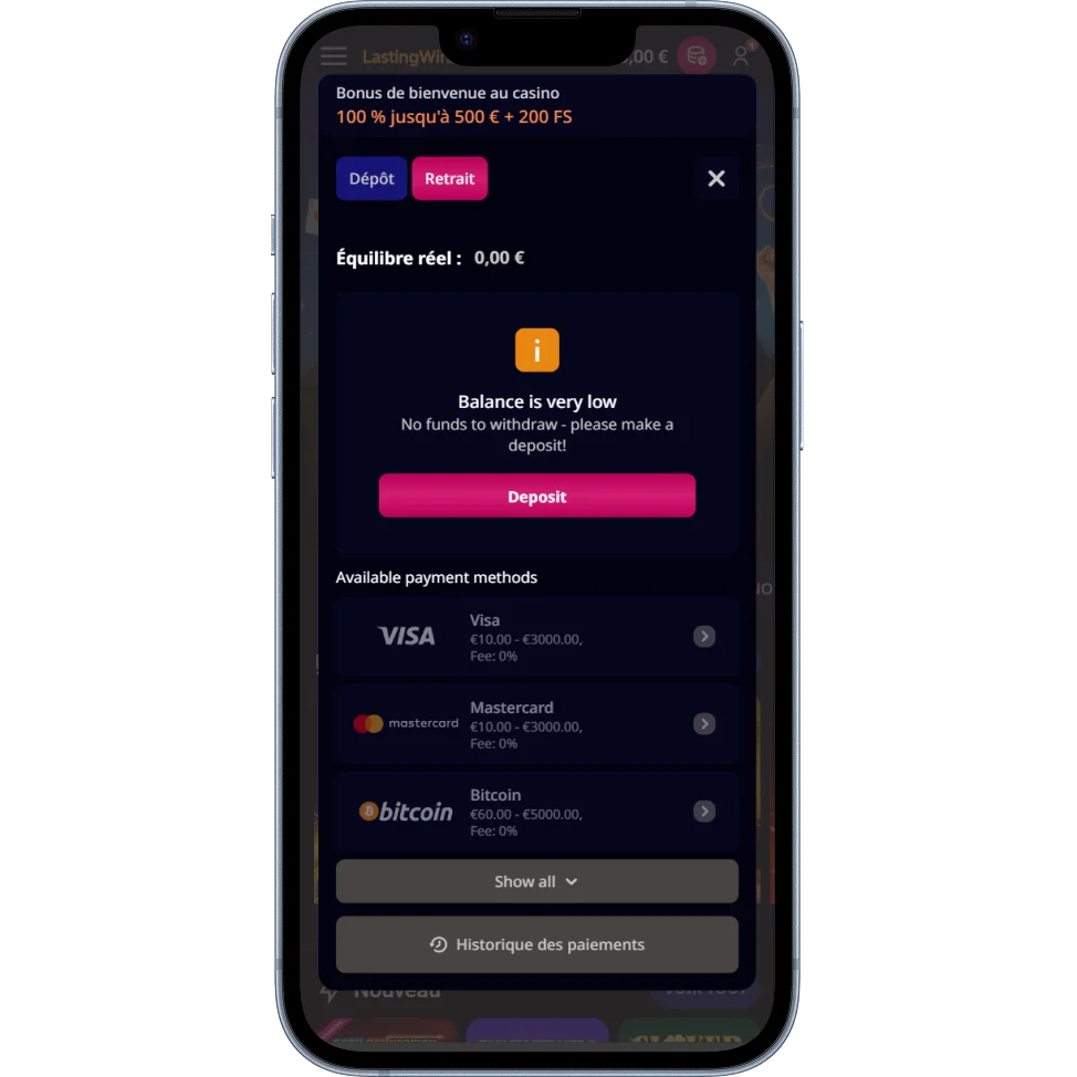LastingWinz Casino Options de retrait